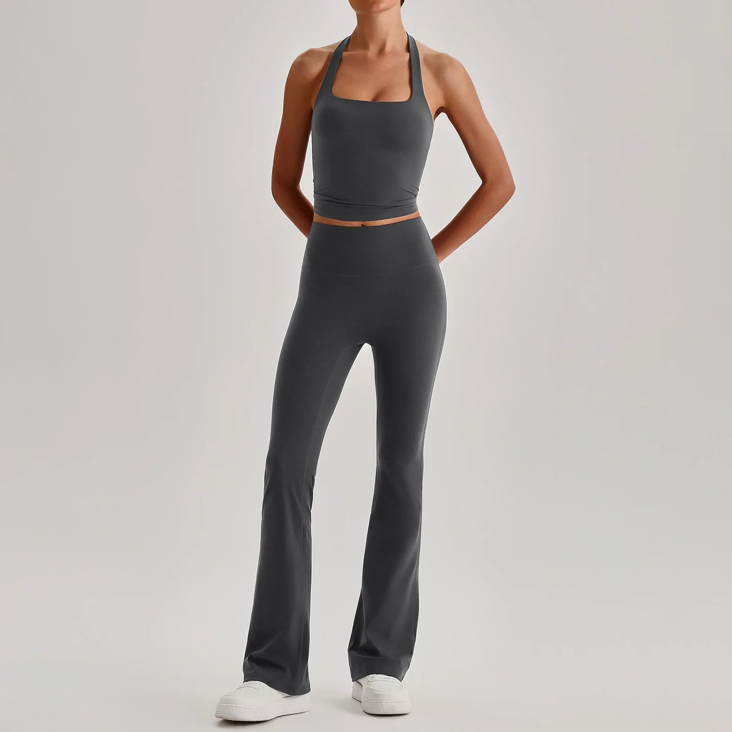 Plus size workout set for women, back view showing open-back halter top