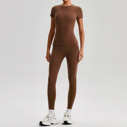 Ensemble Sport Femme 2 Pièces – T-Shirt Manches Courtes & Legging Taille Haute | Yoga Fitness 2026