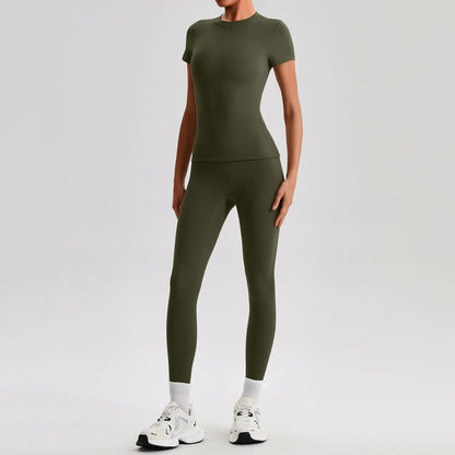 Ensemble Sport Femme 2 Pièces – T-Shirt Manches Courtes & Legging Taille Haute | Yoga Fitness 2026