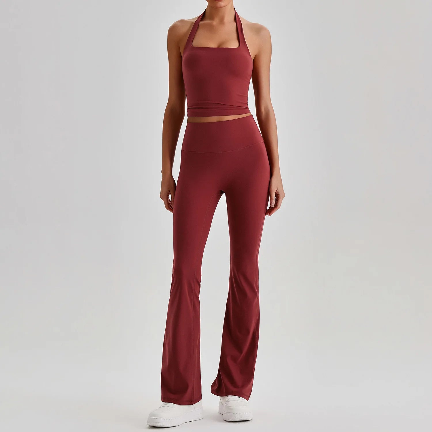 VESAWOMEN plus size activewear set - squat-proof ribbed leggings and halter crop top, front view