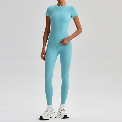 Ensemble Sport Femme 2 Pièces – T-Shirt Manches Courtes & Legging Taille Haute | Yoga Fitness 2026
