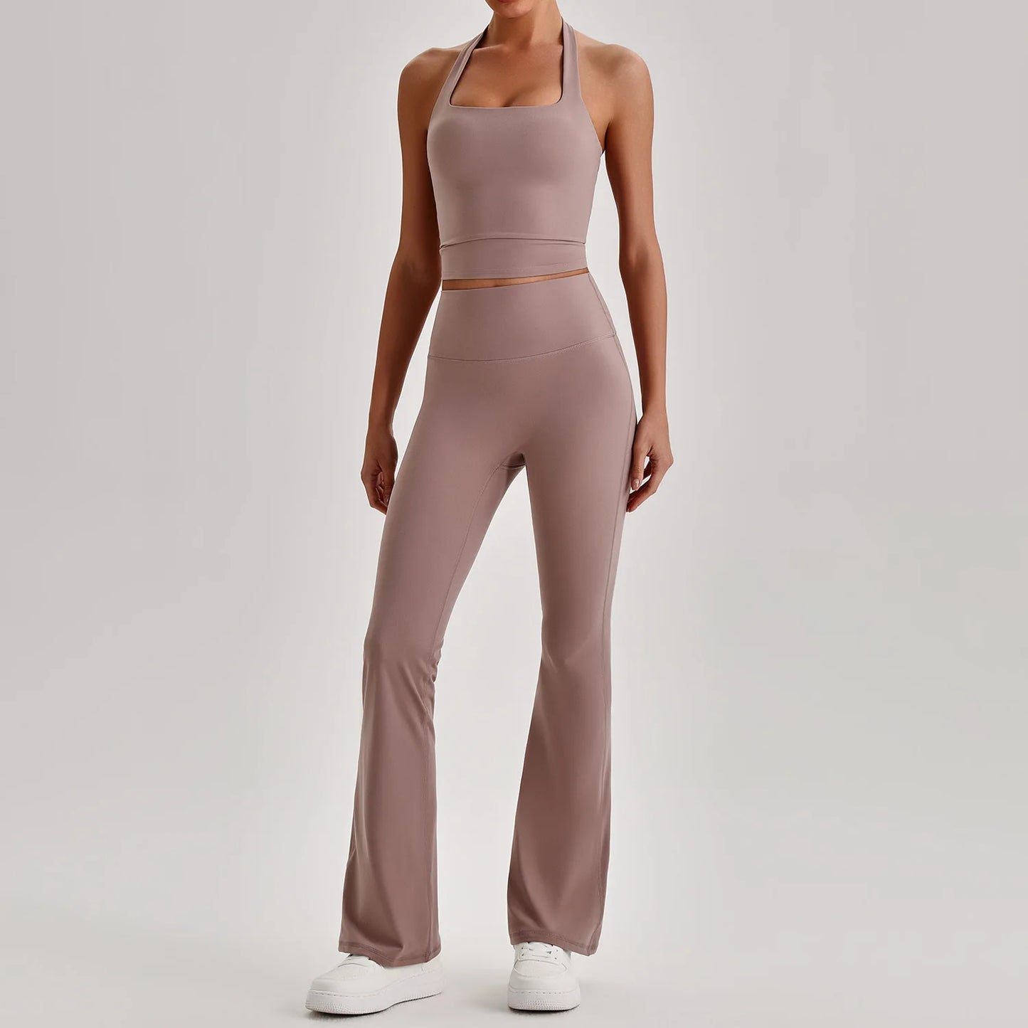 Plus size matching activewear set, halter top and legging pair flat lay