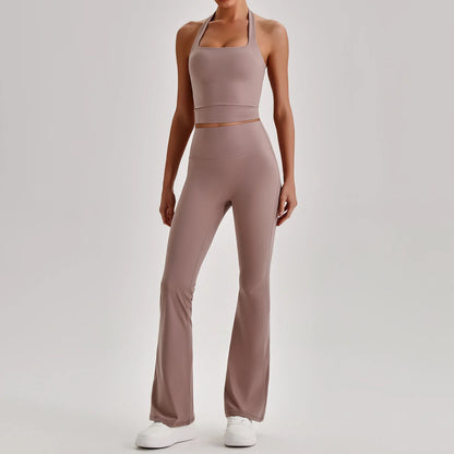 Plus size matching activewear set, halter top and legging pair flat lay