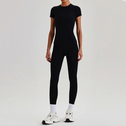 Ensemble Sport Femme 2 Pièces – T-Shirt Manches Courtes & Legging Taille Haute | Yoga Fitness 2026