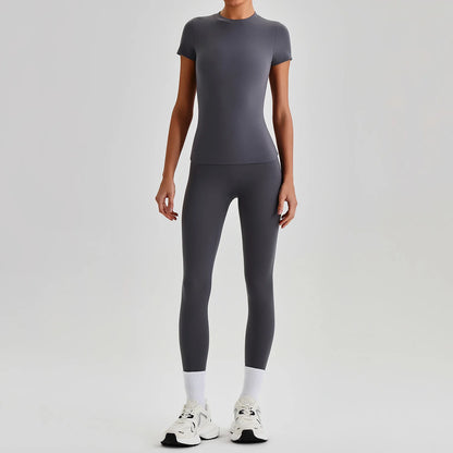 Ensemble Sport Femme 2 Pièces – T-Shirt Manches Courtes & Legging Taille Haute | Yoga Fitness 2026