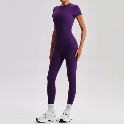 Ensemble Sport Femme 2 Pièces – T-Shirt Manches Courtes & Legging Taille Haute | Yoga Fitness 2026