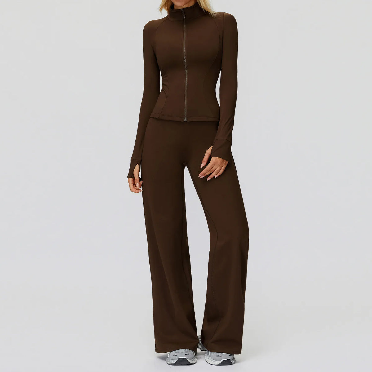 Ensemble polaire femme coloris marron, veste et pantalon large