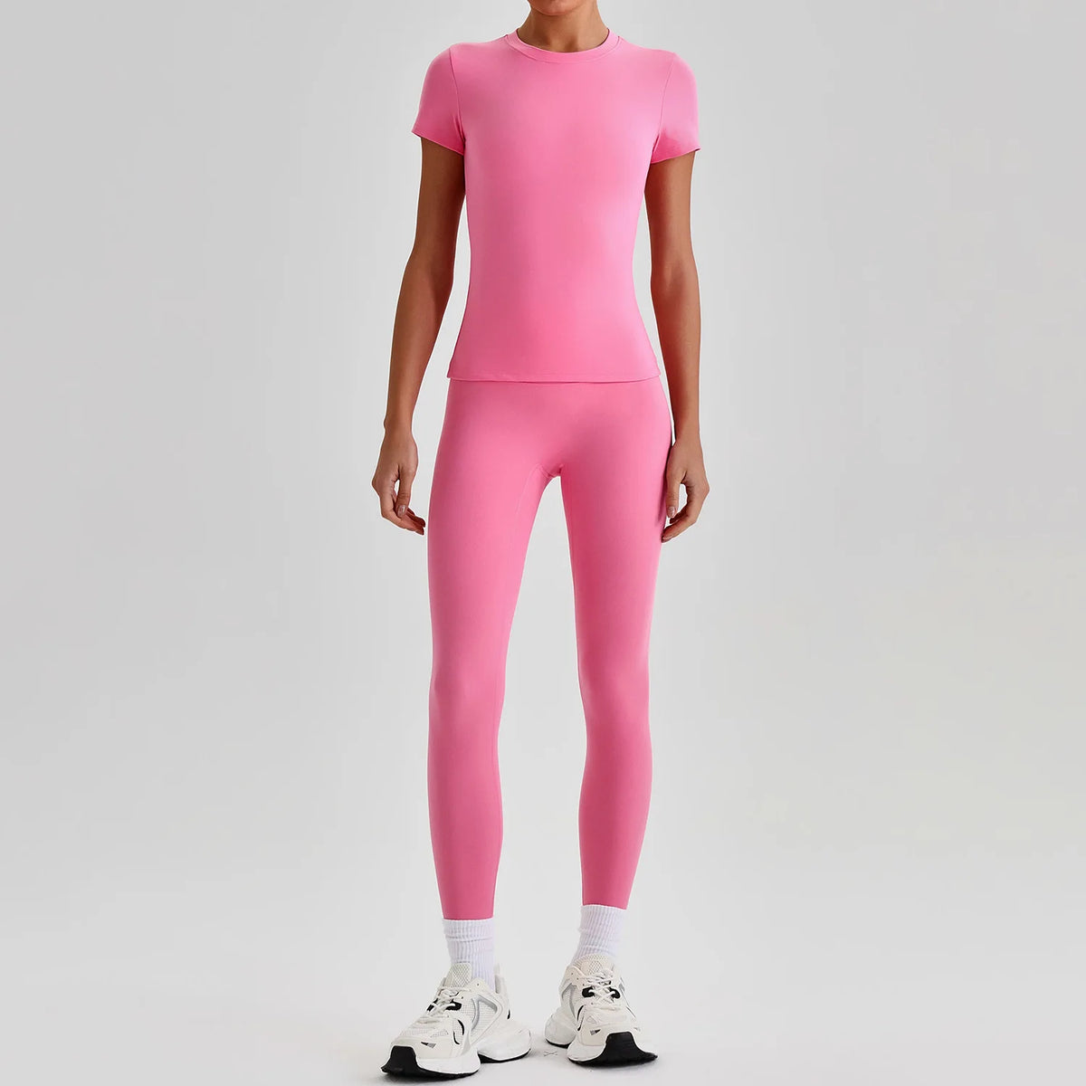 Conjunto Deportivo Mujer 2 Piezas – Camiseta Manga Corta y Short Tiro Alto Transpirable